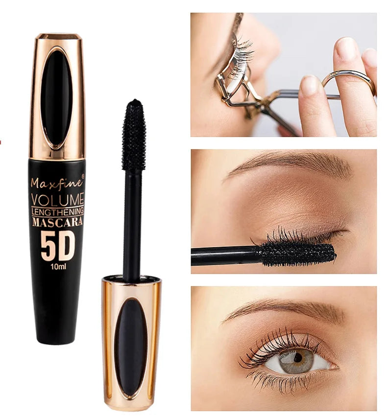5D Mascara Waterproof Sweatproof Non Smudging Creates Dense Long Lashes With Silicone Brush Head For Base Laying