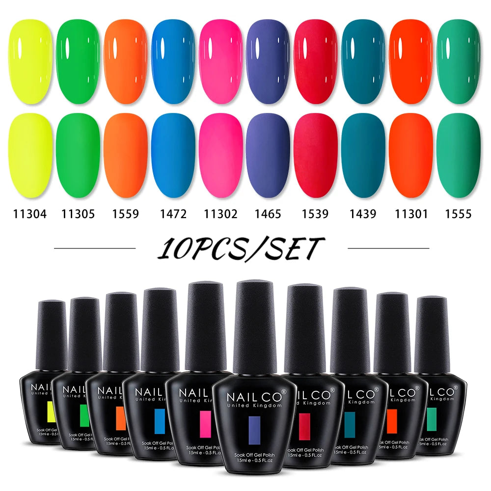 NAILCO 10PCS/Set Gel Nail Polish Gorgeous Full Coverage Semi Permanent Soak Off UV LED Gel Nail Art Base Top Coat Gel Polish Kit
