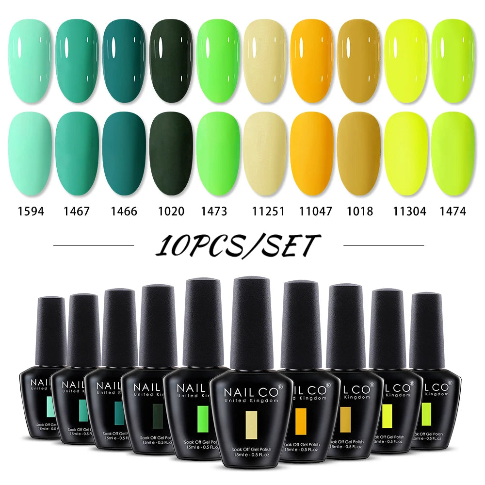 NAILCO 10PCS/Set Gel Nail Polish Gorgeous Full Coverage Semi Permanent Soak Off UV LED Gel Nail Art Base Top Coat Gel Polish Kit