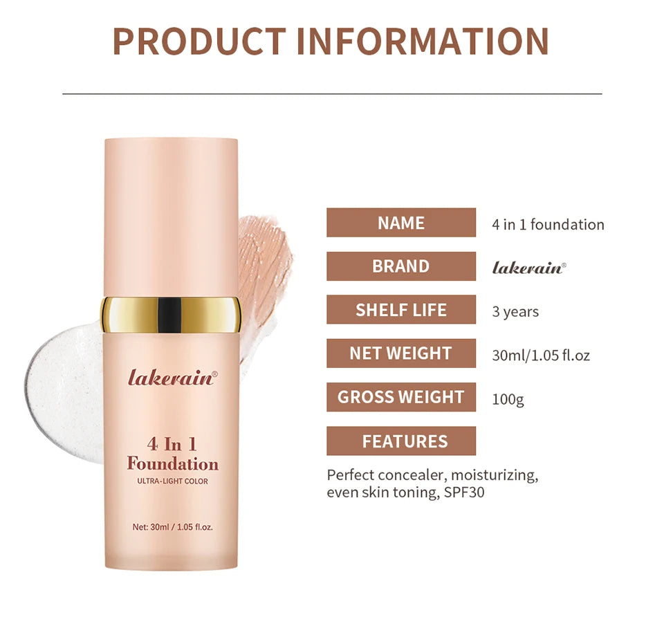 Color Changing Foundation 4 In 1 Moisturizer Longwearing Waterproof Concealer Even Skin Toning Sunscreen Spf 30 Whitening Makeup
