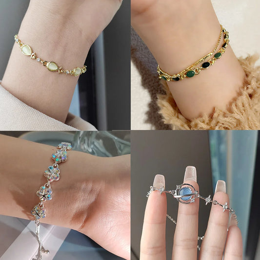 Luxury Fine Bracelet for Women Girls Fashion Flower Planet Shiny Zirconia Bracelet Charms Accessories Jewelry Set Party Gifts