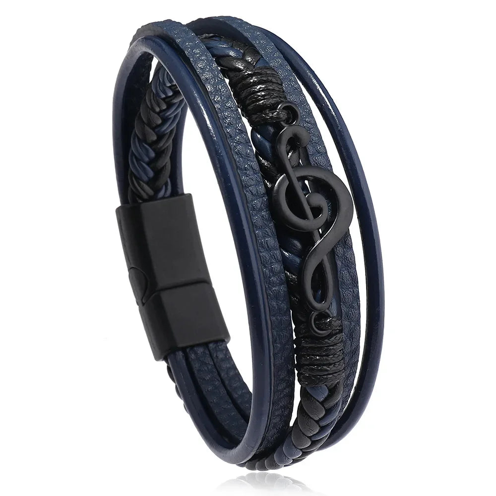Pulsera Hombre Bracelets For Men New Retro Creative Music Symbol Simple Leather Multi-layer Bracelets Magnetic Buckle Jewelry
