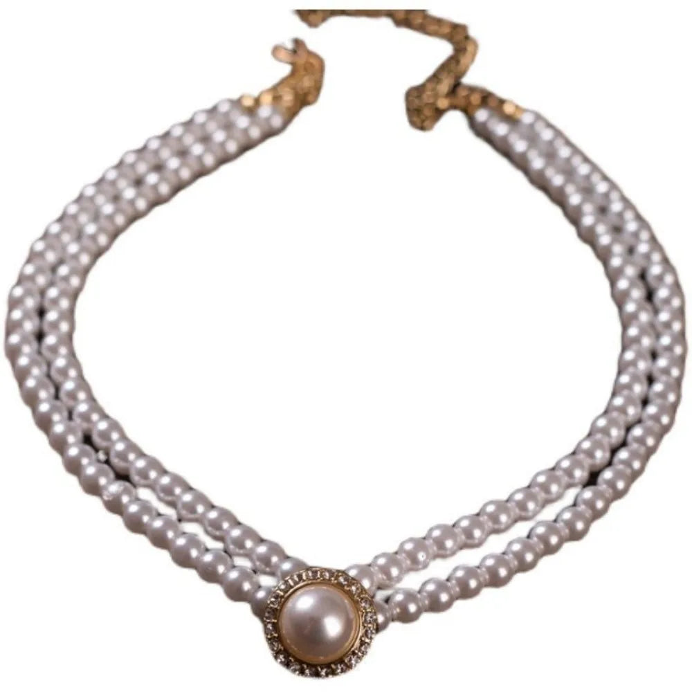 Women Elegant Double Layers Necklace Pearl Earrings Exquisite Vintage Classic Chains For Lady Party Wedding Retro Jewelry Choker