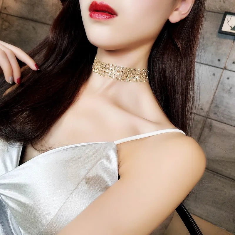 Sexy Wide Metal Collar Choker Necklaces for Women Lace Shiny Sequin Neck Necklace Chain Collars Necklace Elegant Party Jewelry
