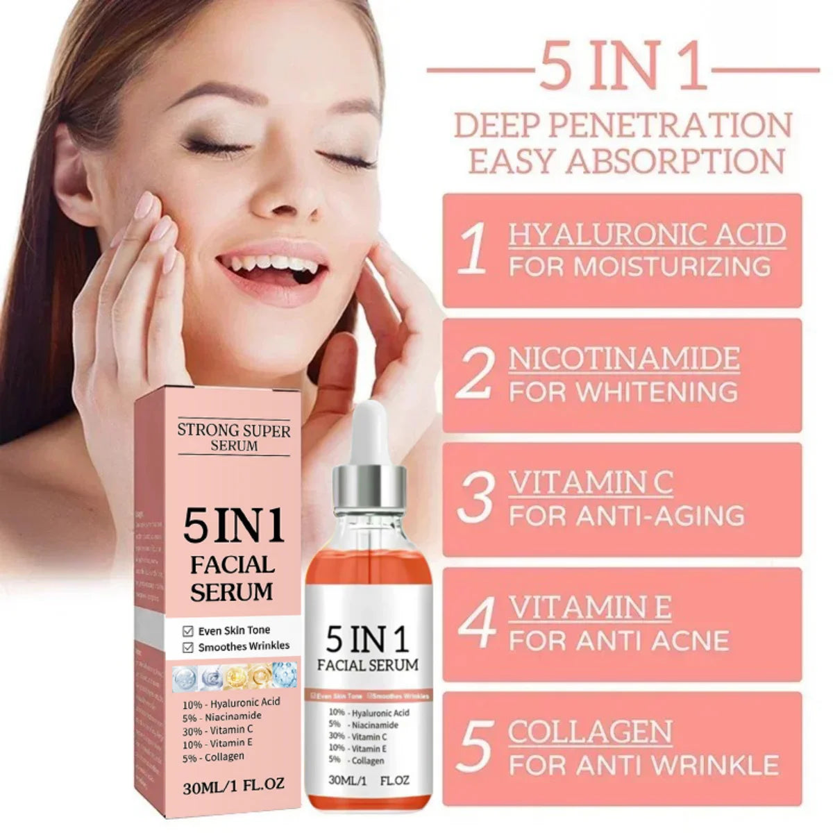 5 In 1 Fade fine lines Firming Face Serum Moisturizing brightning Vitamin C Hyaluronic Acid Facial Serum Shrink Pores Skin Care