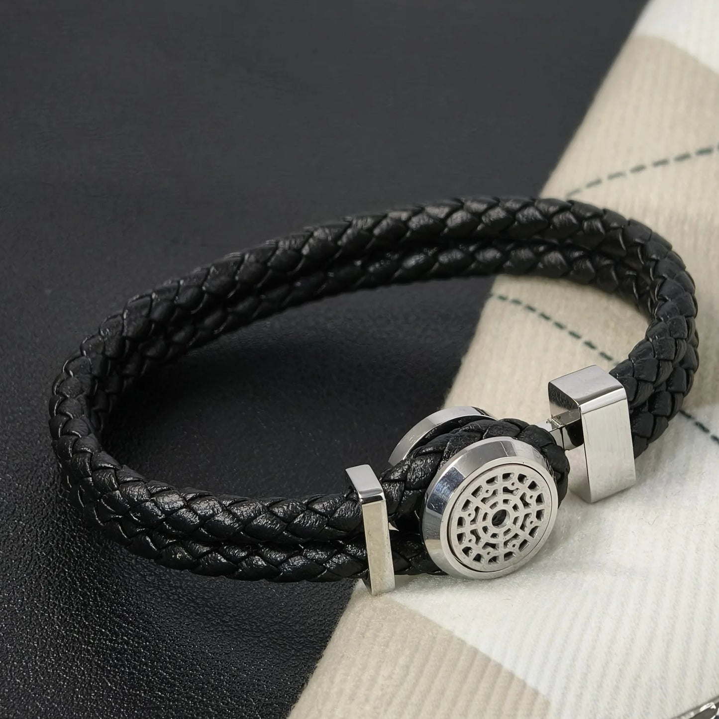 Trendy MB Bracelet for Men -Stainless Steel Chain with Leather