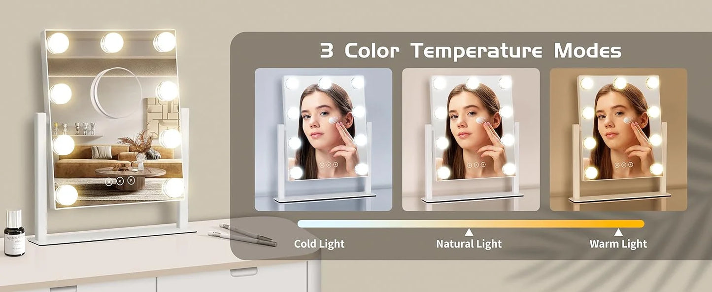 Makeup Mirror with 9 Bulbs Lights LED Vanity Mirror,3 Color Mode Dimming,Detachable 10X Zoom Mirror,360° Rotation,Metal Frame
