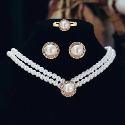 Women Elegant Double Layers Necklace Pearl Earrings Exquisite Vintage Classic Chains For Lady Party Wedding Retro Jewelry Choker
