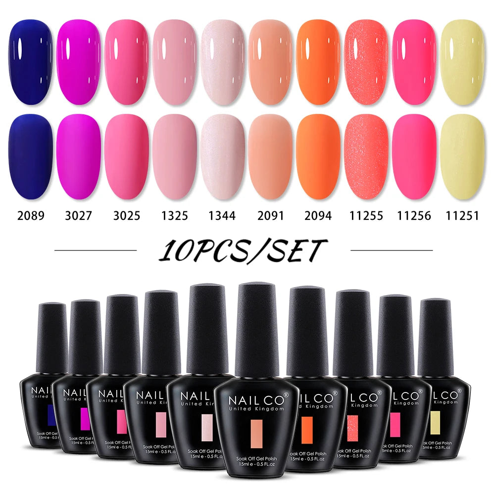 NAILCO 10PCS/Set Gel Nail Polish Gorgeous Full Coverage Semi Permanent Soak Off UV LED Gel Nail Art Base Top Coat Gel Polish Kit