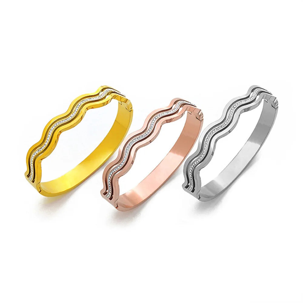 Luxury Women's Bracelet: Creative Wave Design - Diamond embellishment, fashion wrist jewelry