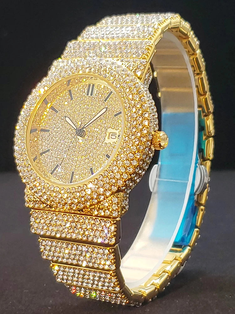 Luxury Watches For Men Full Diamond Iced Hip Hop Stylish Quartz Watch For Male Waterproof Calendar Men's Wristwatches Gift New