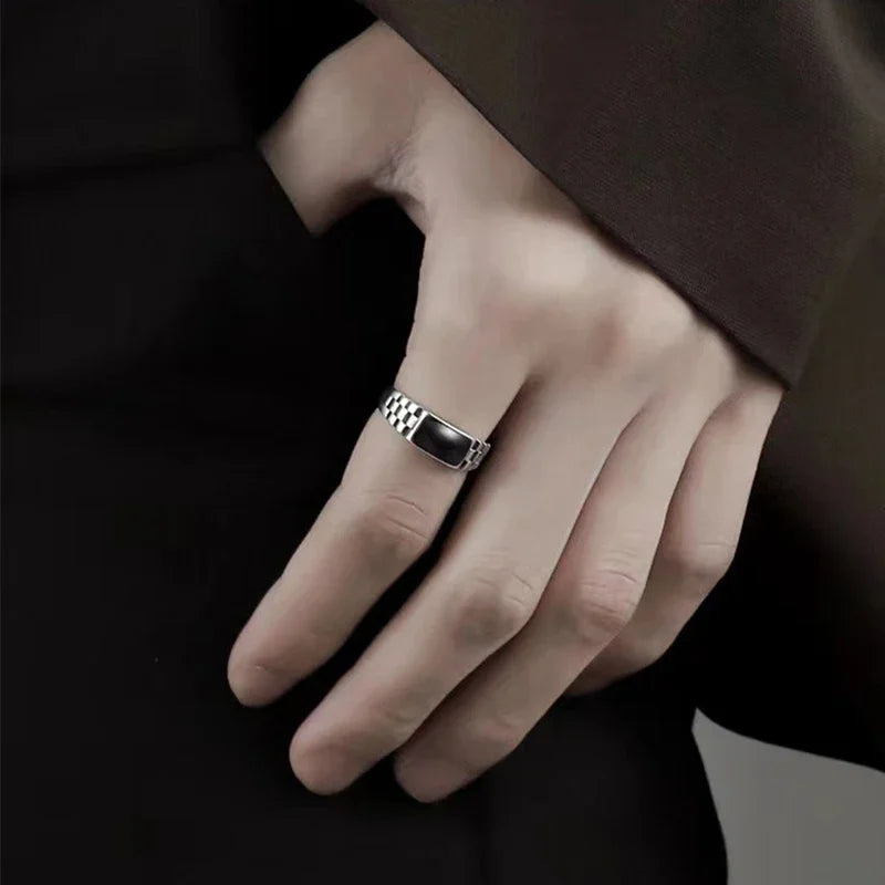 New Light Luxury Silver Plated Ring for Men Vintage Drip Glazed Opening Ring High-end Geometric Finger Ring Кольцо С Эмалью