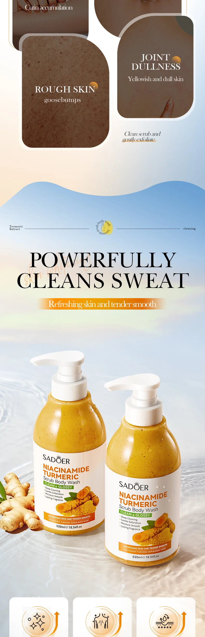 Turmeric Scrub Shower Gel 520ml Niacinamide Cleansing Lightening Dark Underarm Leg Body Cleansers Brightening body Tender Skin