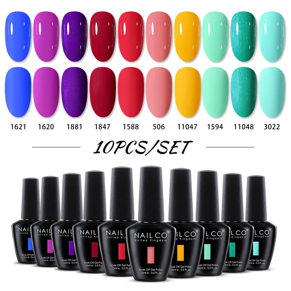 NAILCO 10PCS/Set Gel Nail Polish Gorgeous Full Coverage Semi Permanent Soak Off UV LED Gel Nail Art Base Top Coat Gel Polish Kit