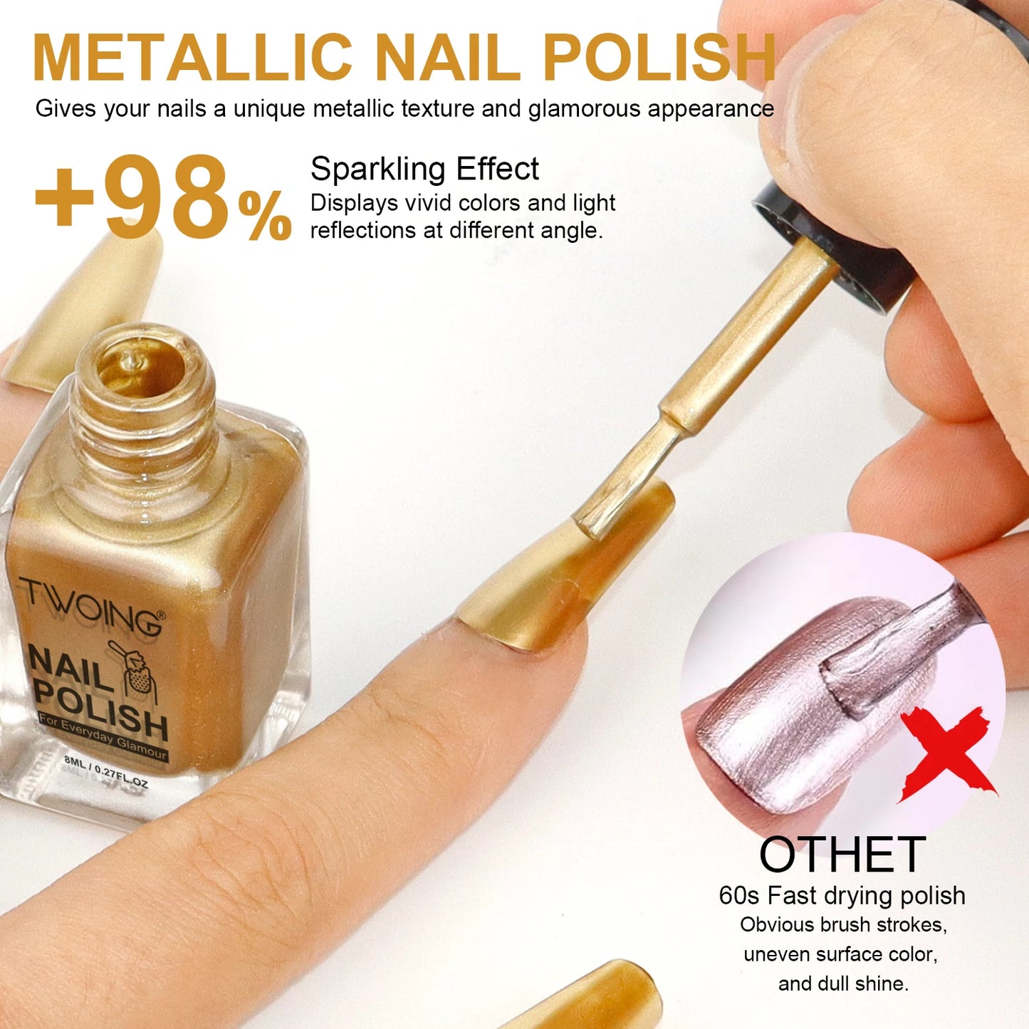 8ml Gold Metallic Nail Polish Bright Metal Mirror Nail Polish, Lasting，High Shine，Manicure Nail Lacquers Quick-Dry Manicure Art