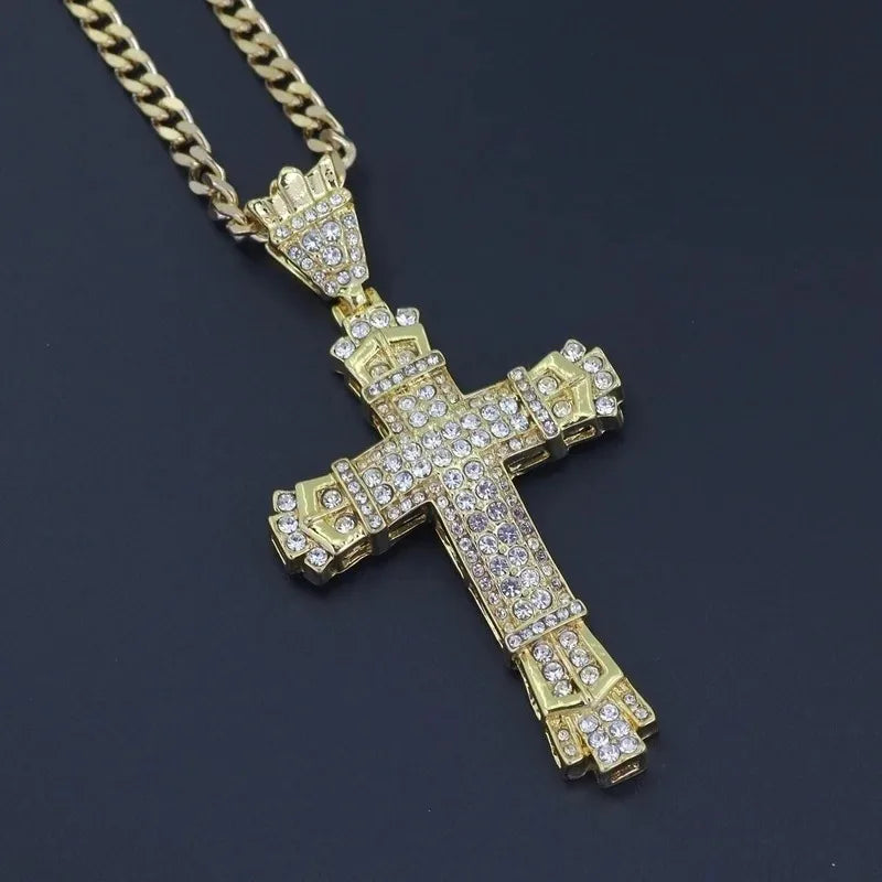 Mens Jewellery Cross Necklace Chain for Men Stainless Steel Necklace Men Hip Hop Jewelry Rhinestone Religious Pendant Collares