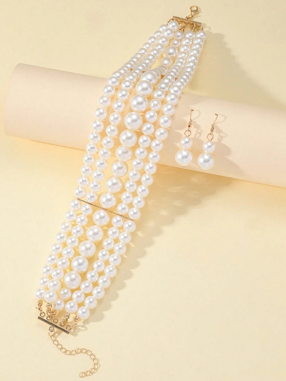 New Trendy Jewelry Set For Women Elegant Charm Multi-layer Imitation Pearl Choker Necklace And Earrings Neck Accessories