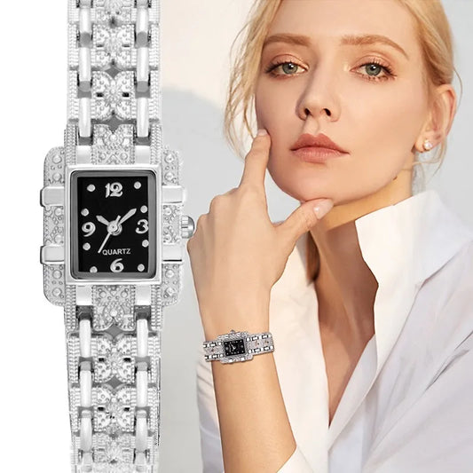 Luxury Sliver Metal Women Bracelet Wrist Watch Top Brand Fashion Crystal Quartz Watch Elegant Square Ladies Clock Reloj Mujer