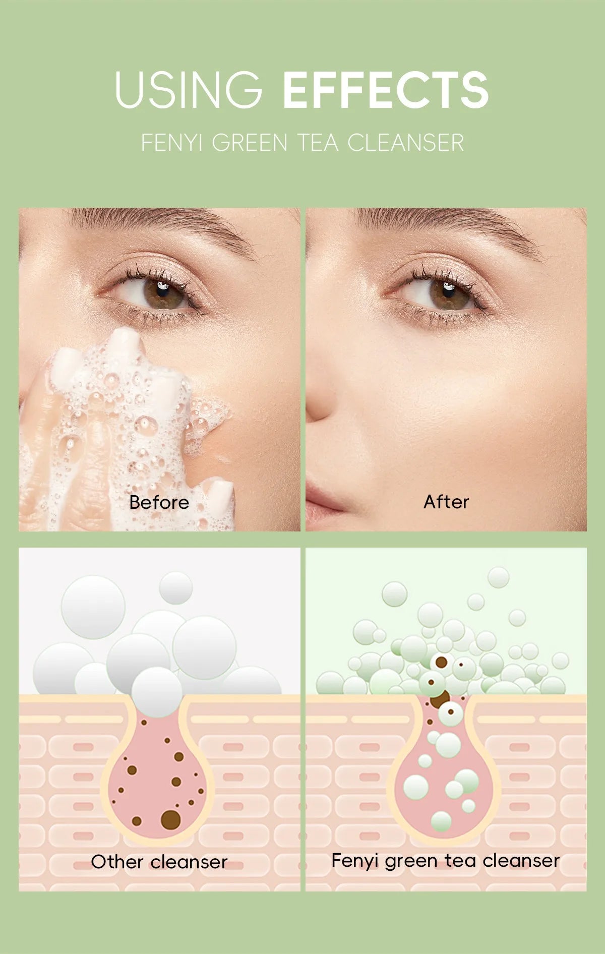 Green Tea Facial Cleanser Skin Deep Cleansing Moisturizing Blackhead Removal Skincare Face Wash Foam Face Cleanser Skin Care