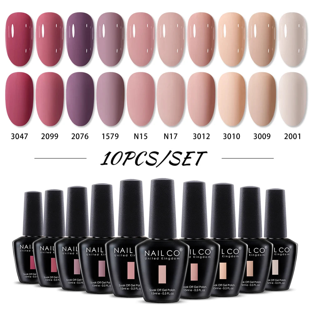 NAILCO 10PCS/Set Gel Nail Polish Gorgeous Full Coverage Semi Permanent Soak Off UV LED Gel Nail Art Base Top Coat Gel Polish Kit