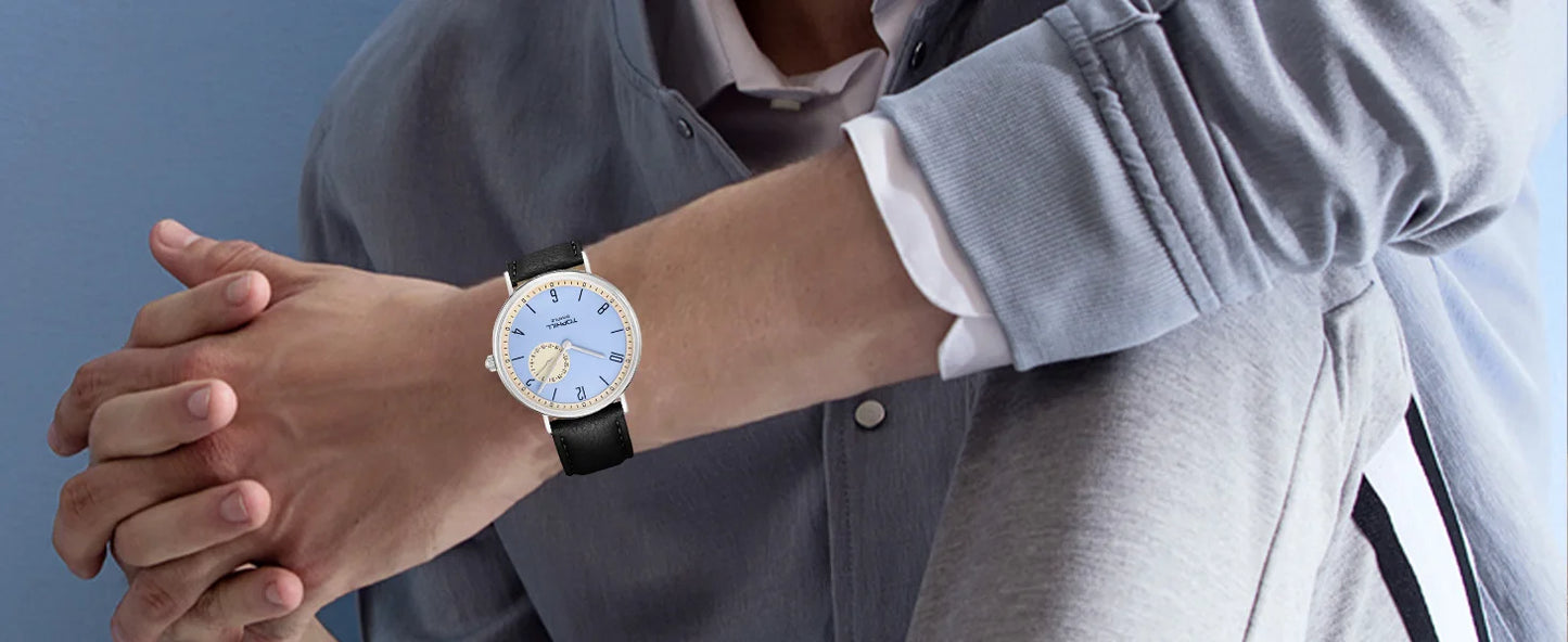 TOPHILL Men's Bauhaus Quartz Watch Ultra Slim 40mm Minimalist Dial Sapphire Glass Leather Strap Stainless Steel Case