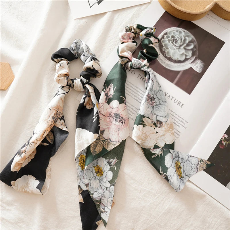Women's Hair Accessories Girl Lady Elastic Headband Scrunchies With Ribbon Floral Design Trend Bandana Band Headbands Fashion