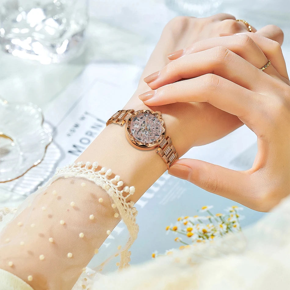 Luxury Brands Fashion 2025 New Women's Watches 3D Diamond Stainless Steel Skeleton Mechanical Clock Elegant Ladies Wedding Gift