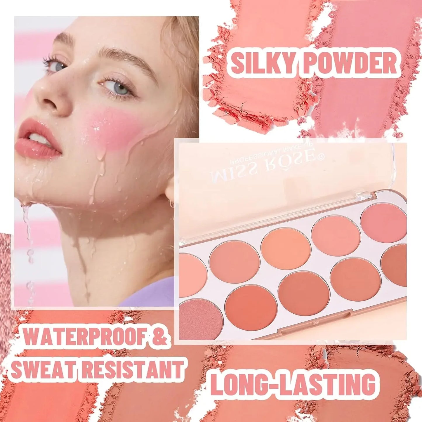 10 Colors Matte Blush Palette for Women Blendable Smooth Long-lasting Waterproof Contouring Blush Powder Buildable Cheek Makeup