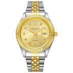 Mens Watch Gold Dial Multi Functional Quartz Movement Stainless Steel Waterproof Timing Men Business Watch Reloj Hombre