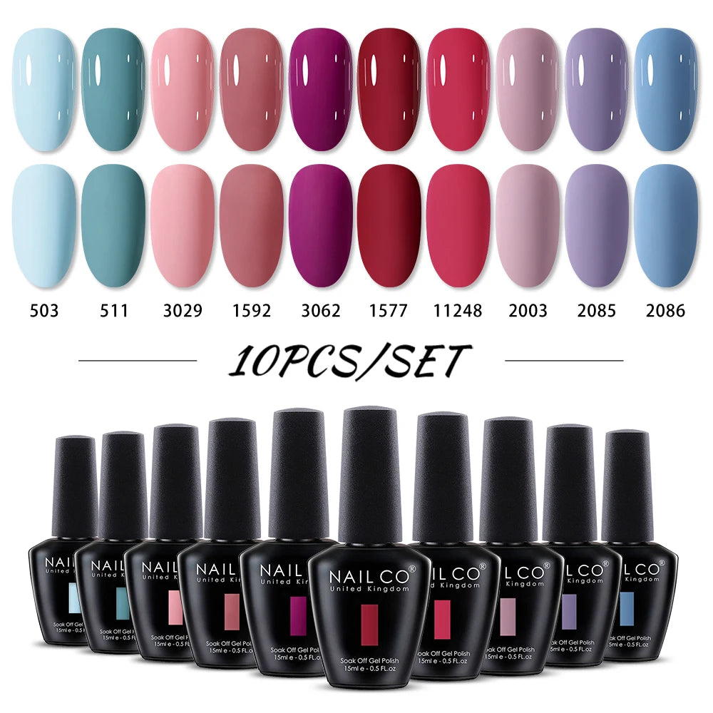 NAILCO 10PCS/Set Gel Nail Polish Gorgeous Full Coverage Semi Permanent Soak Off UV LED Gel Nail Art Base Top Coat Gel Polish Kit