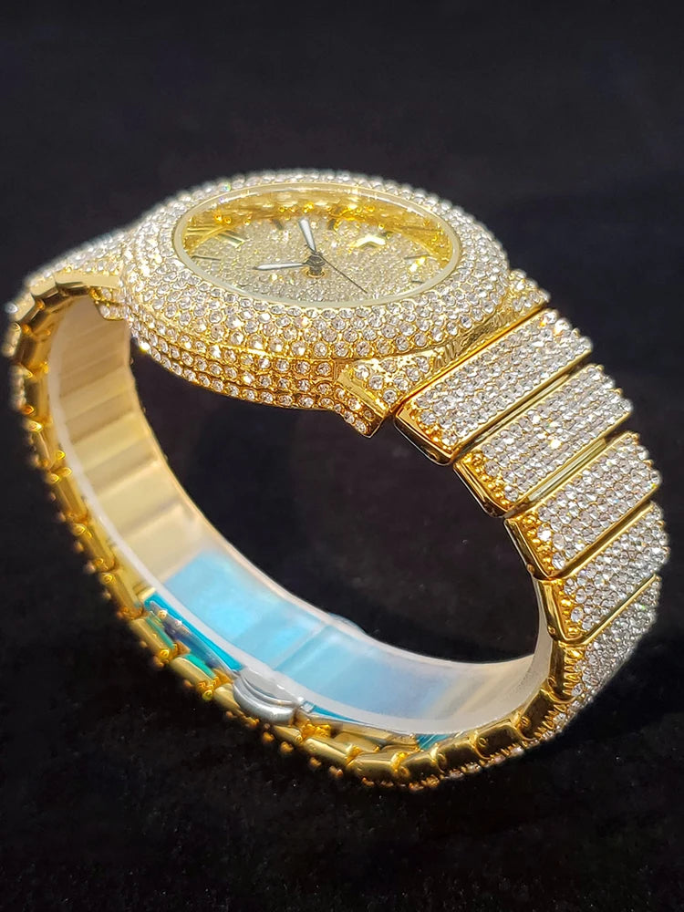 Luxury Watches For Men Full Diamond Iced Hip Hop Stylish Quartz Watch For Male Waterproof Calendar Men's Wristwatches Gift New
