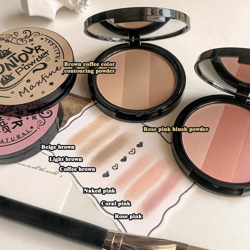 3 Colors Contour Blush Palette Matte Nose Shadow Rose Pink Cheek Glitter Glowing Illuminator Highlighter Powder Bronzer Makeup