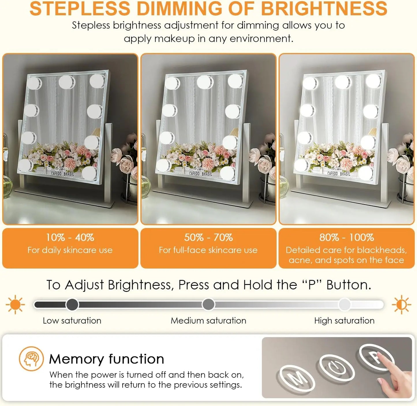 Makeup Mirror with 9 Bulbs Lights LED Vanity Mirror,3 Color Mode Dimming,Detachable 10X Zoom Mirror,360° Rotation,Metal Frame