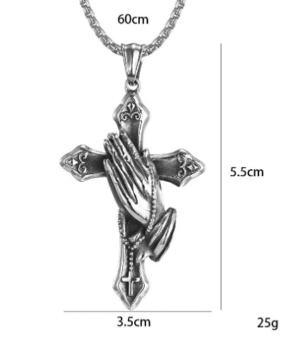 Necklace For Men National Retro Style Hand Of Prayer Stainless Steel Cross Fresh Fashion Necklace Personality Niche Pendant