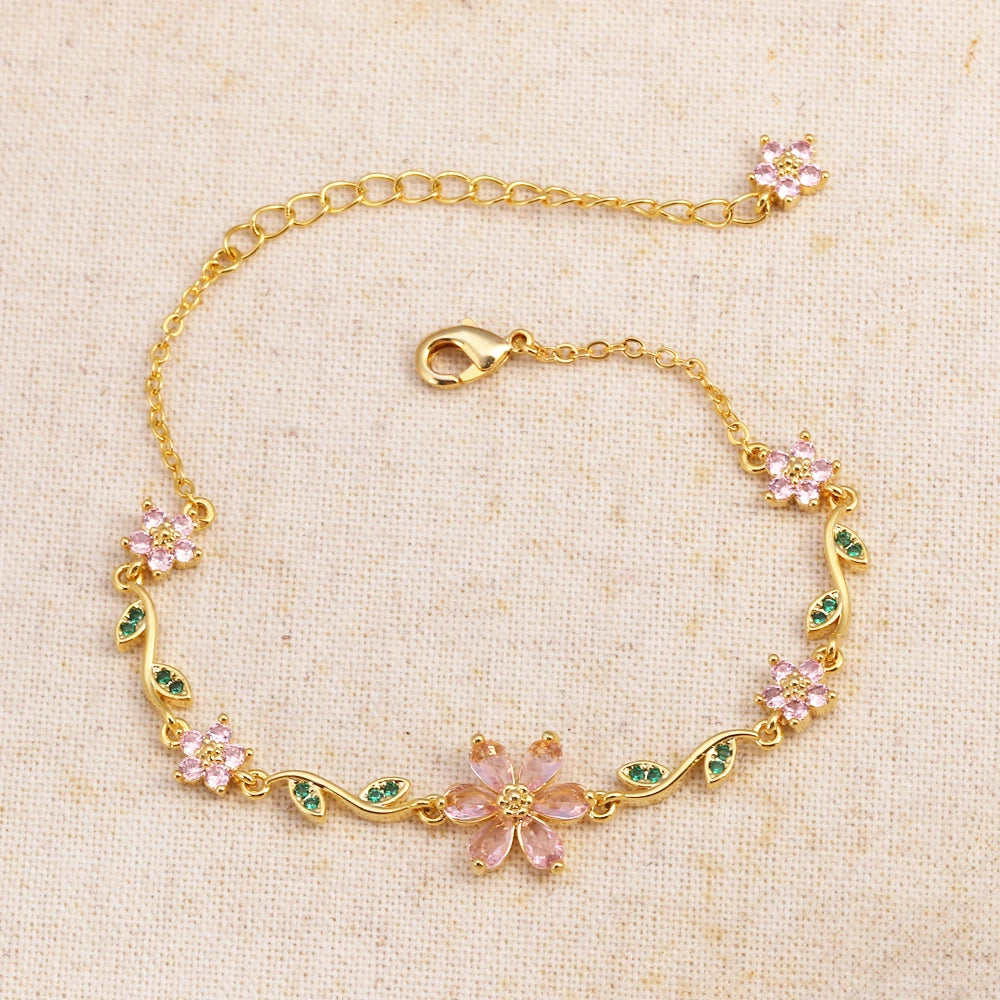 Luxury Pink Zircon Flower Bracelet For Women Girls Sweet Gold Color Crystal Adjustable Bracelet Jewelry Gift