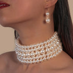 New Trendy Jewelry Set For Women Elegant Charm Multi-layer Imitation Pearl Choker Necklace And Earrings Neck Accessories