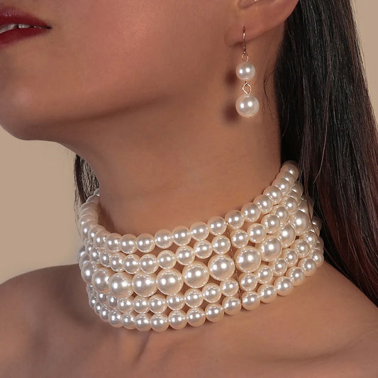 New Trendy Jewelry Set For Women Elegant Charm Multi-layer Imitation Pearl Choker Necklace And Earrings Neck Accessories
