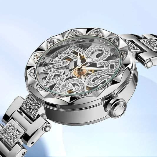 Luxury Brands Fashion 2025 New Women's Watches 3D Diamond Stainless Steel Skeleton Mechanical Clock Elegant Ladies Wedding Gift