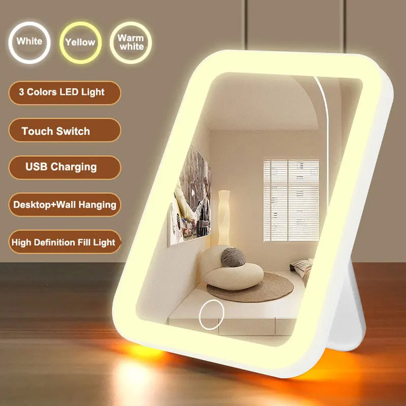 3 Colors LED Vanity Mirror with Touch Screen USB Rechargeable Dimming Makeup Mirror Portable