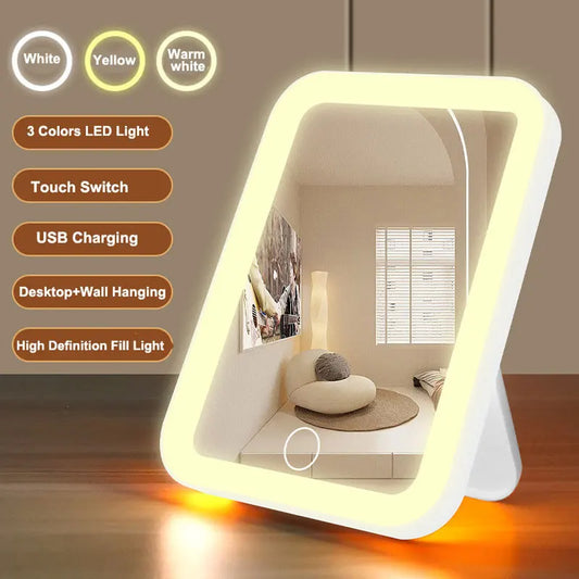 3 Colors LED Vanity Mirror with Touch Screen USB Rechargeable Dimming Makeup Mirror Portable