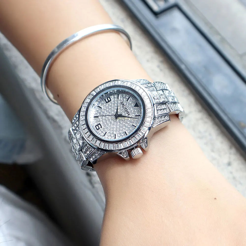 MEGIR New Golden Luxury Watches for Women Fashion Crystal-accented Waterproof Quartz Wristwatch with Stainless Steel Strap