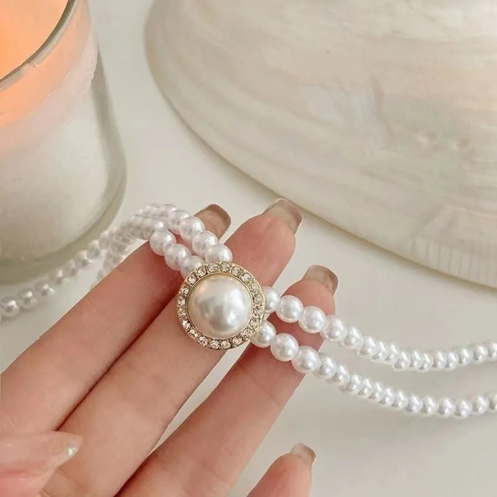 Women Elegant Double Layers Necklace Pearl Earrings Exquisite Vintage Classic Chains For Lady Party Wedding Retro Jewelry Choker
