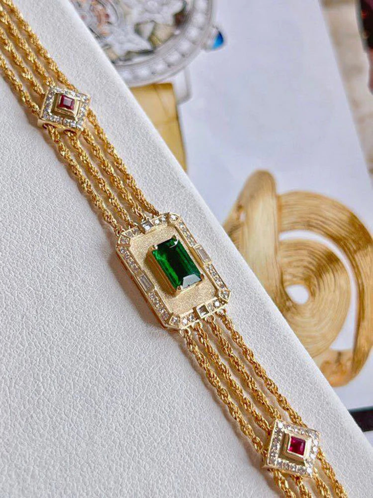 Luxury Vintage Emerald Bracelets For Women Zircon Charm Four-layers Golden Chain Bracelet Exquisite Jewelry Mother's Day Gifts