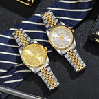 Mens Watch Gold Dial Multi Functional Quartz Movement Stainless Steel Waterproof Timing Men Business Watch Reloj Hombre