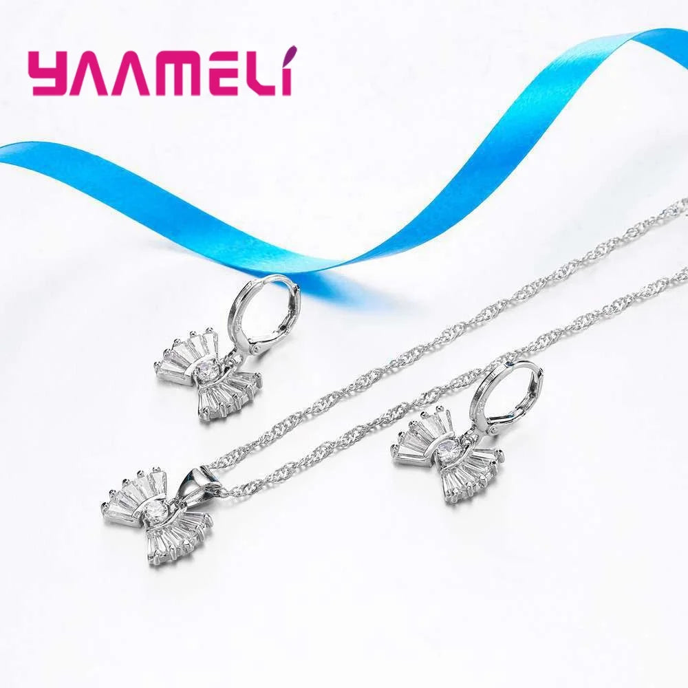 Lovely Women Bowknot Pendants Necklaces Earrings Jewelry Set For Party Accessory Anniversary 925 Sterling Silver Jewellery Sets