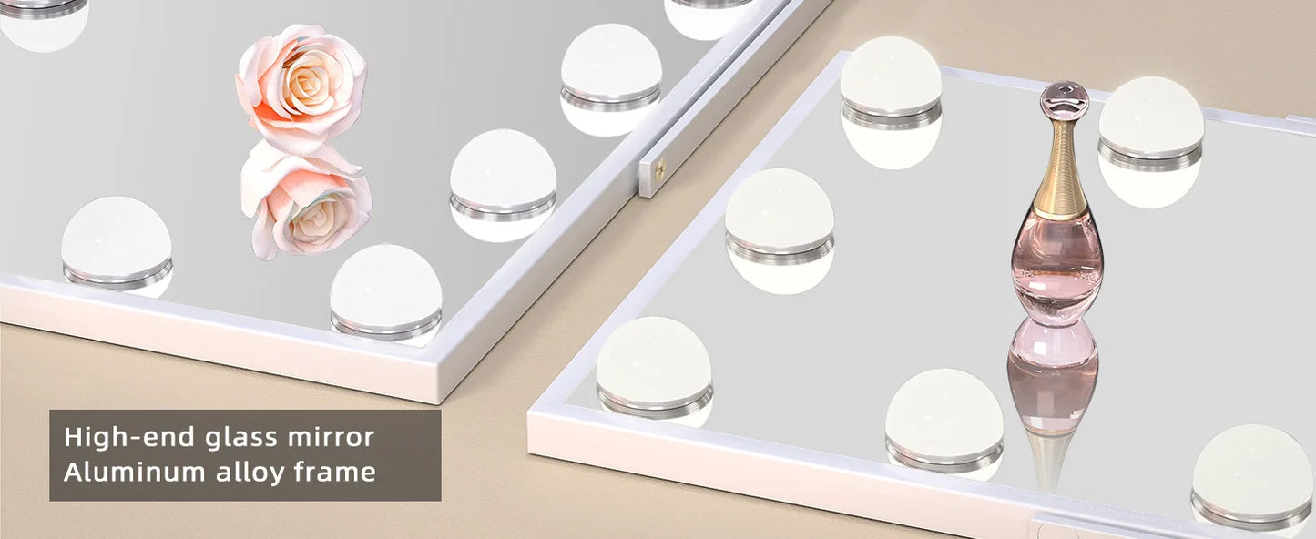 Makeup Mirror with 9 Bulbs Lights LED Vanity Mirror,3 Color Mode Dimming,Detachable 10X Zoom Mirror,360° Rotation,Metal Frame