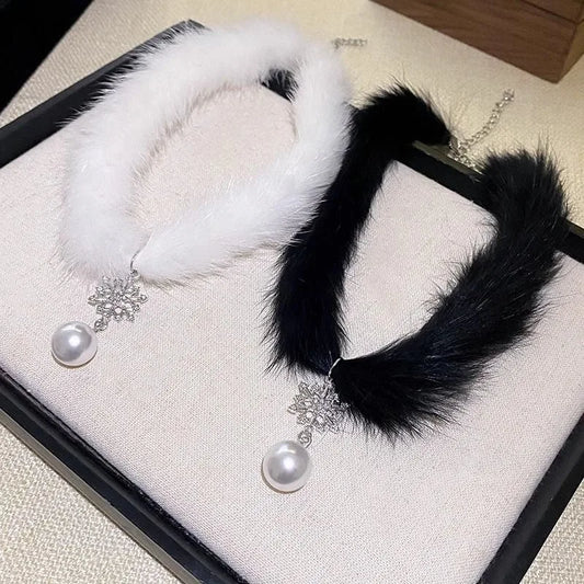 Plush Choker Neck Ring Pearl Necklace Women's Sexy Black White Furry Clavicle Chain Lolita Sweet Adjustable Neck Chains Jewelry