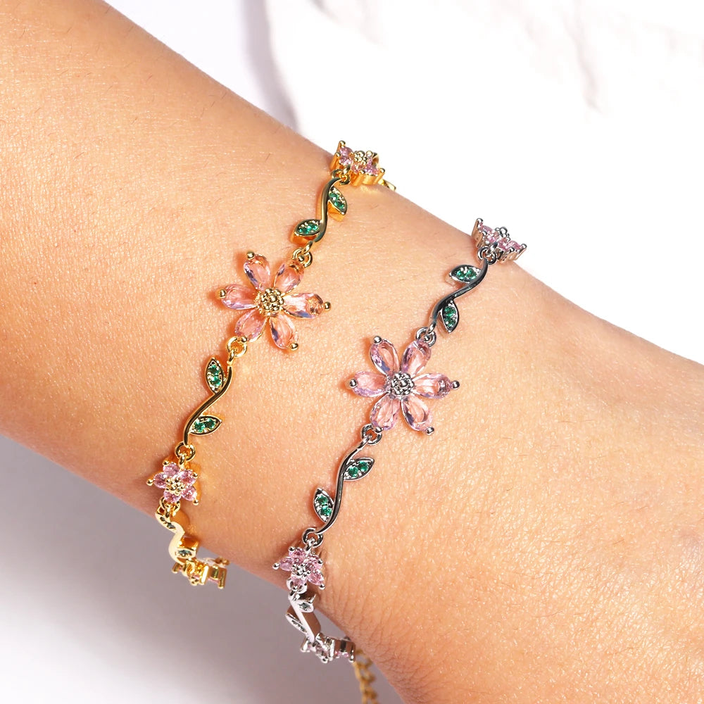 Luxury Pink Zircon Flower Bracelet For Women Girls Sweet Gold Color Crystal Adjustable Bracelet Jewelry Gift