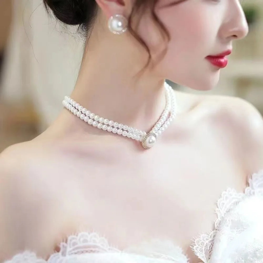 Women Elegant Double Layers Necklace Pearl Earrings Exquisite Vintage Classic Chains For Lady Party Wedding Retro Jewelry Choker