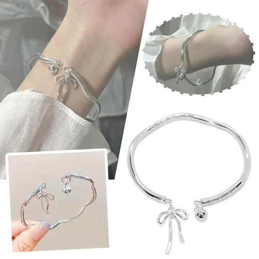 Luxury Silver Bow Knot Bell Bracelet Adjustable Open Girls Women